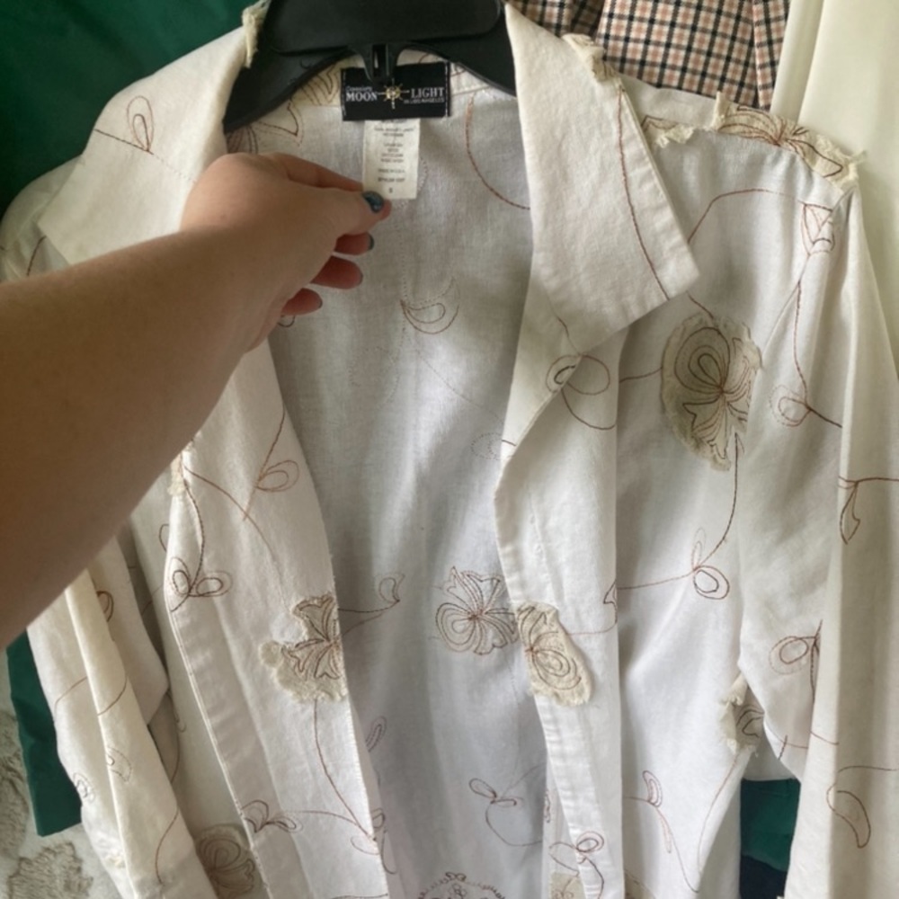 Connie’s Light Moon Ivory Tan Embroidered Oversized Open Jacket 100% Linen Sz S